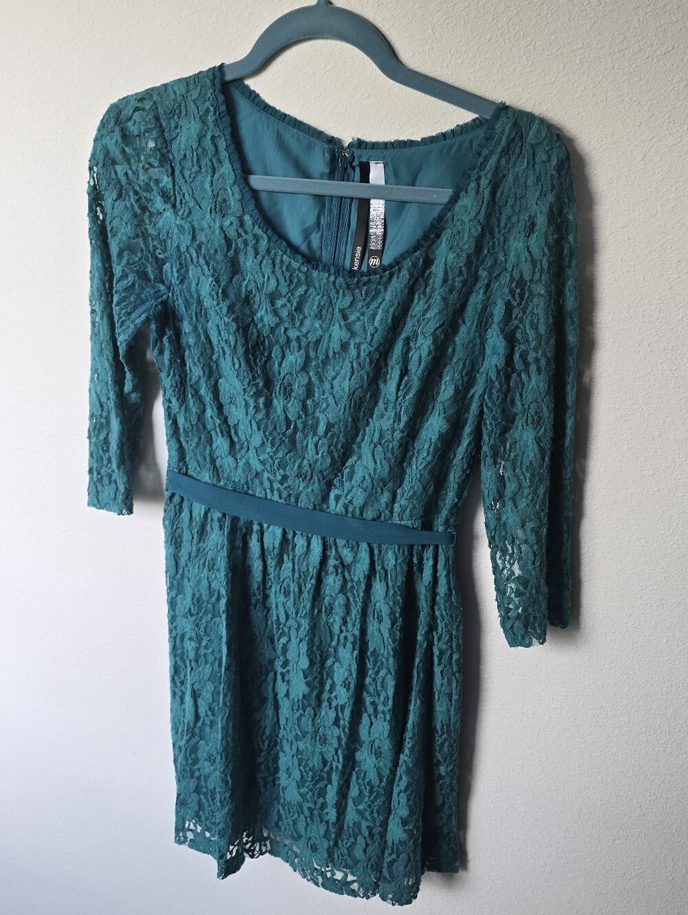 Kensie Teal Lace Long-Sleeve Dress with Waist Belt